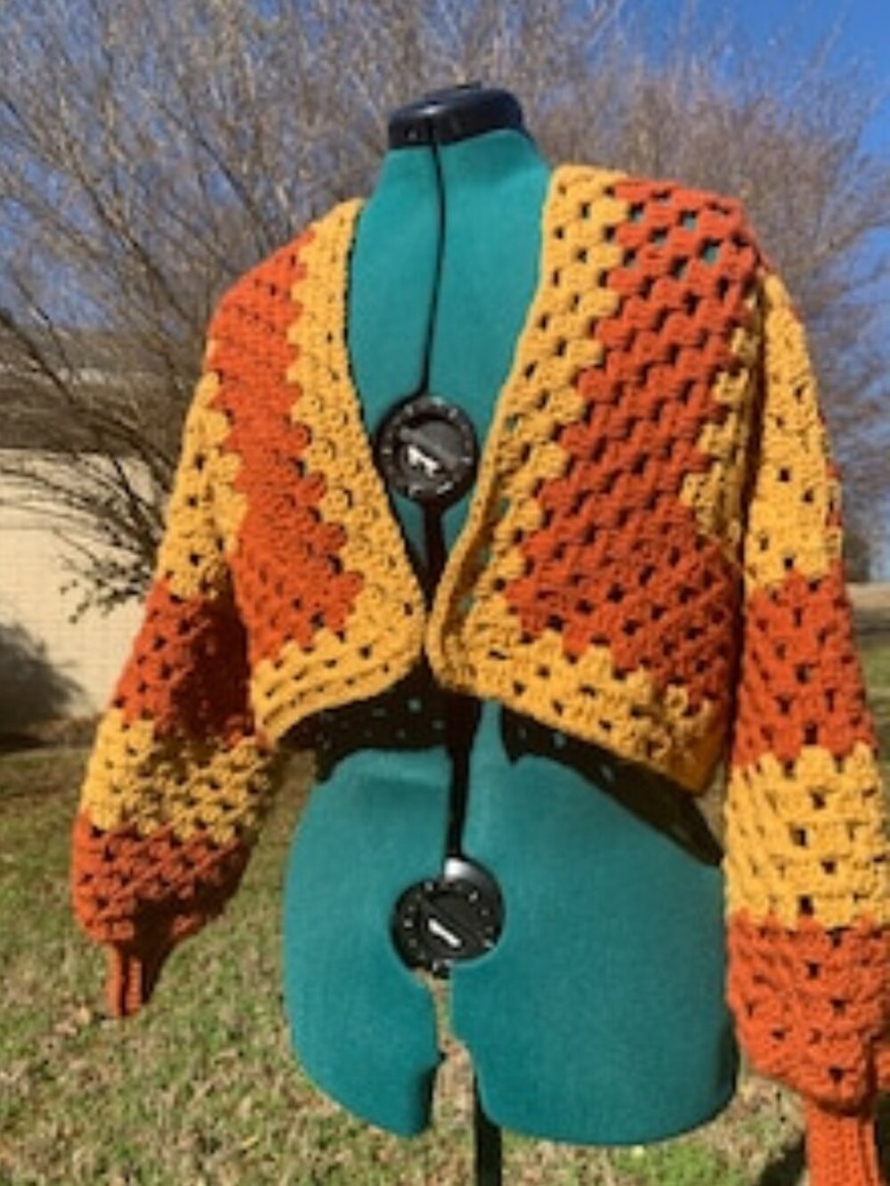 Handmade Crochet Yellow & Orange Cropped Hexagon Cardigan XS-M